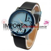 Relógio fashion com pulseira de couro - preto c/ azul