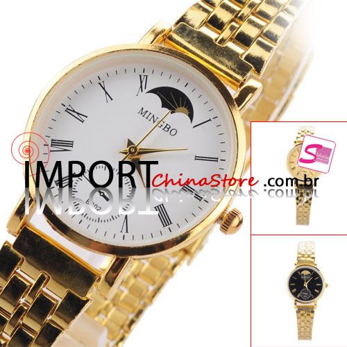Relógio de pulso casual feminino com pulseira dourada